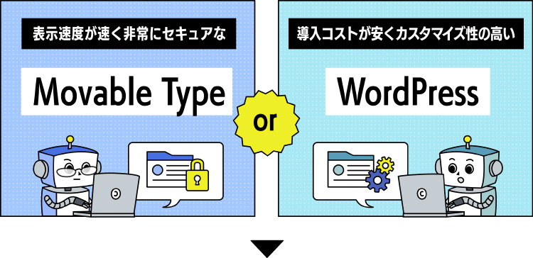 「表示速度が速く非常にセキュアなMovable Type」それとも「導入コストが安くカスタマイズ性の高いWordPress」